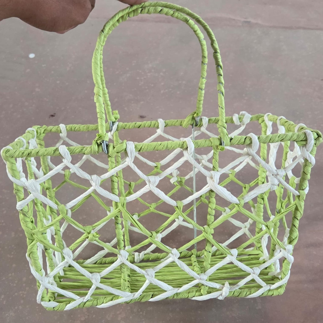 Green and White Rectangular Woven Basket with Handles
