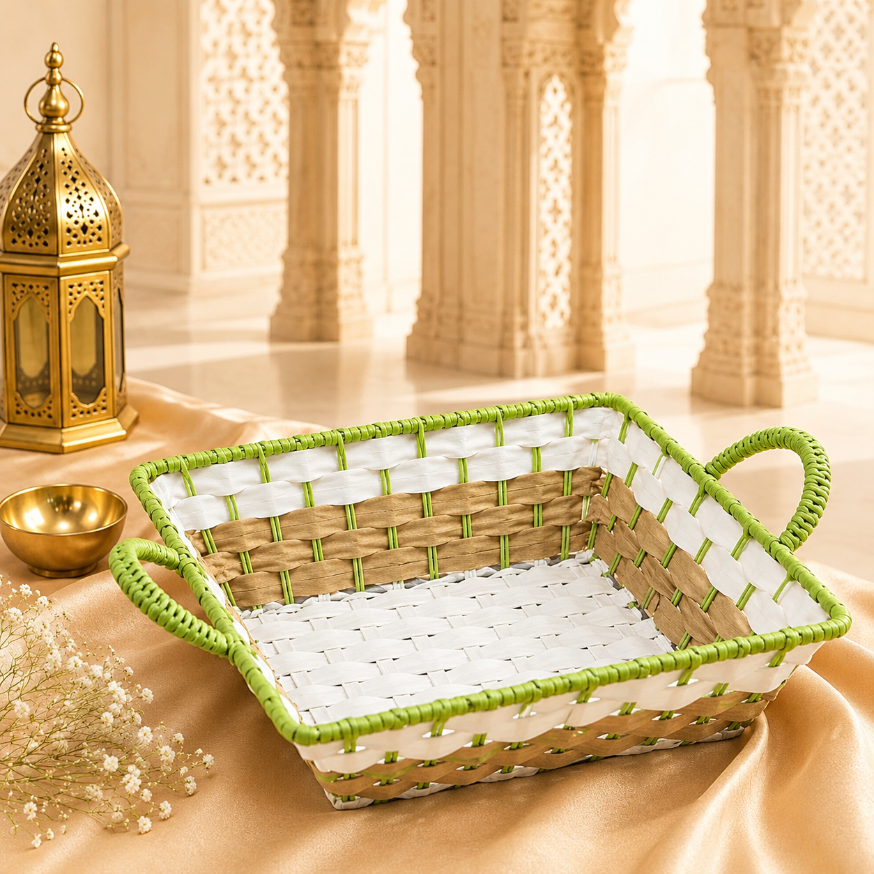 Green Rectangular Woven Basket with Two Handles and White-Brown Pattern