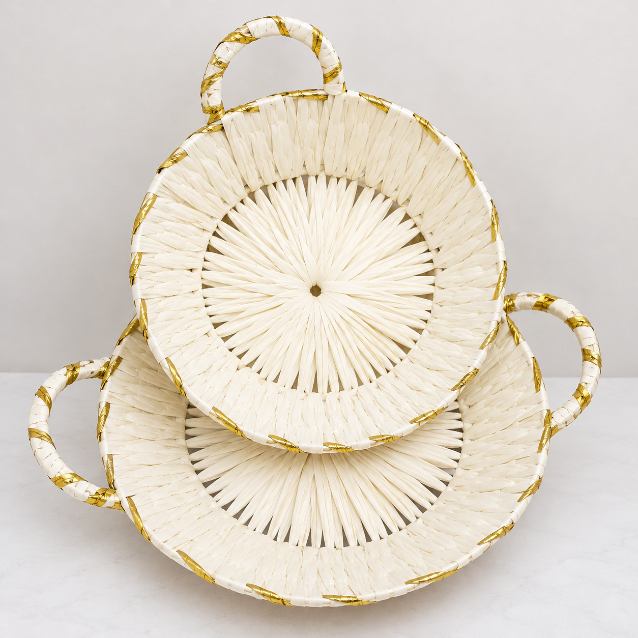 White Round Woven Basket with Golden Border