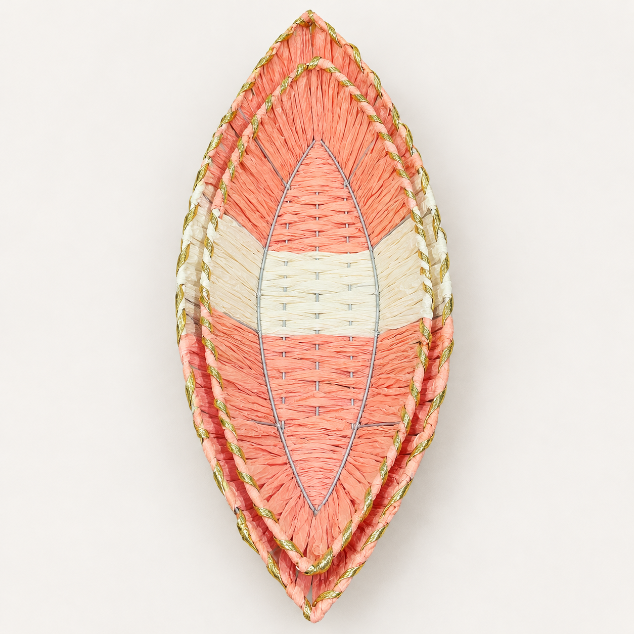 Peach and White Leaf-Shaped Woven Basket with Golden Border