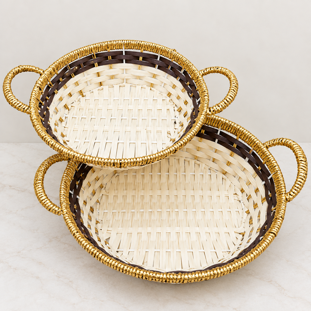 Cream Woven Basket with Brown Border and Golden Handles