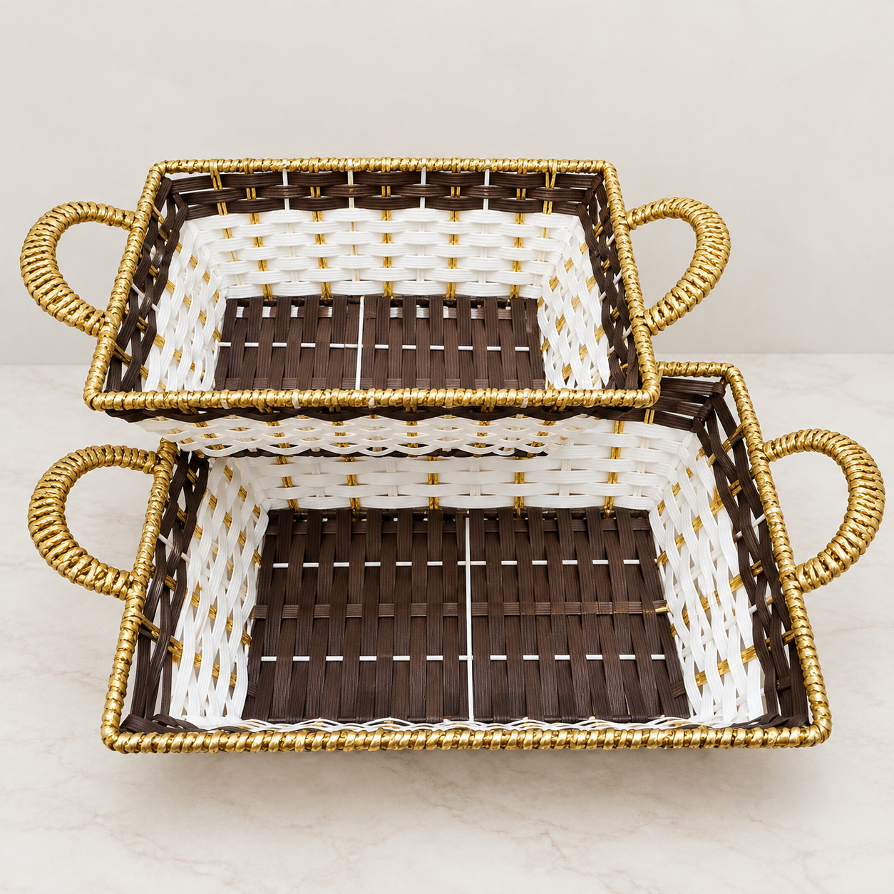 Brown and White Rectangular Woven Basket with Golden Handles