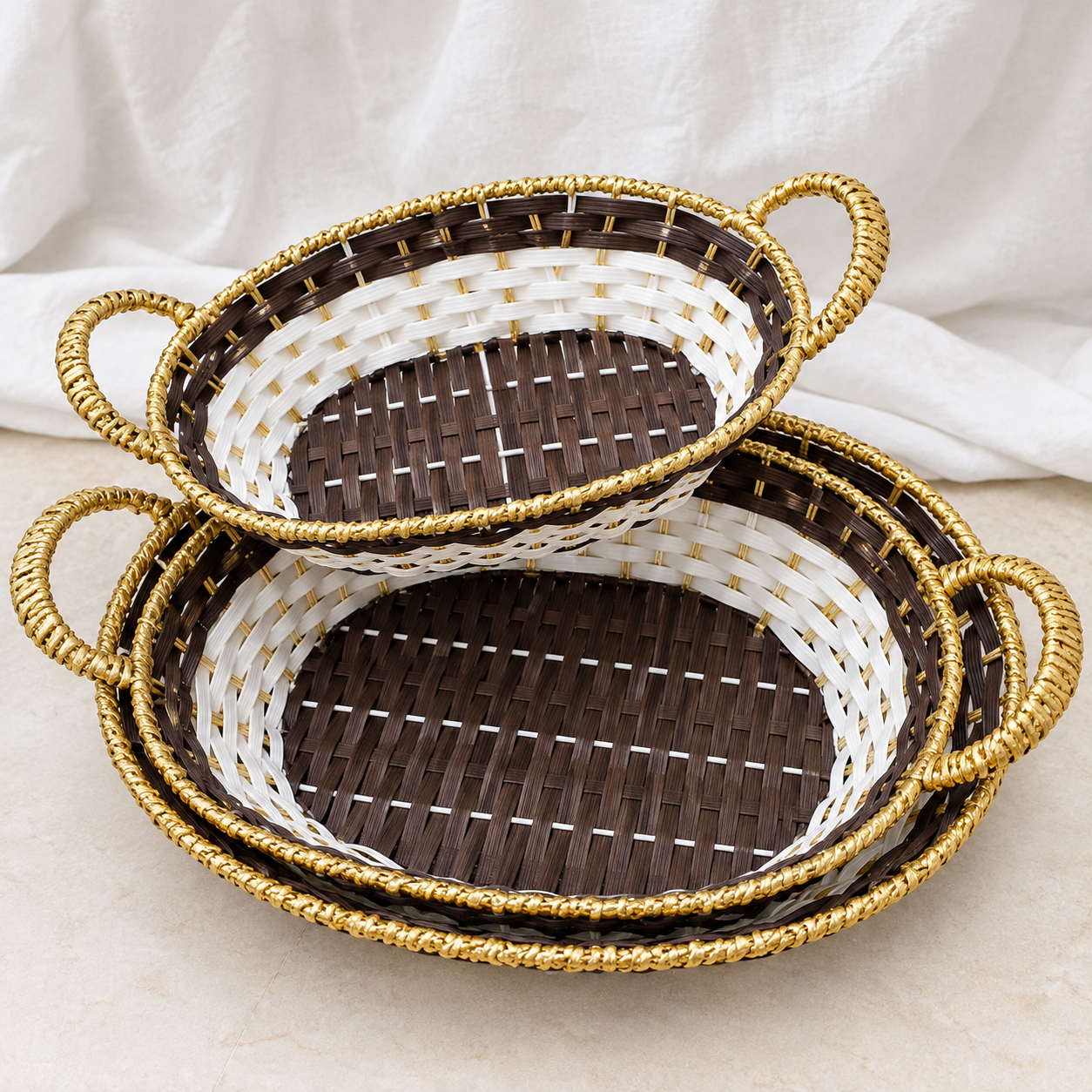 Brown and White Oval Woven Basket with Golden Handles