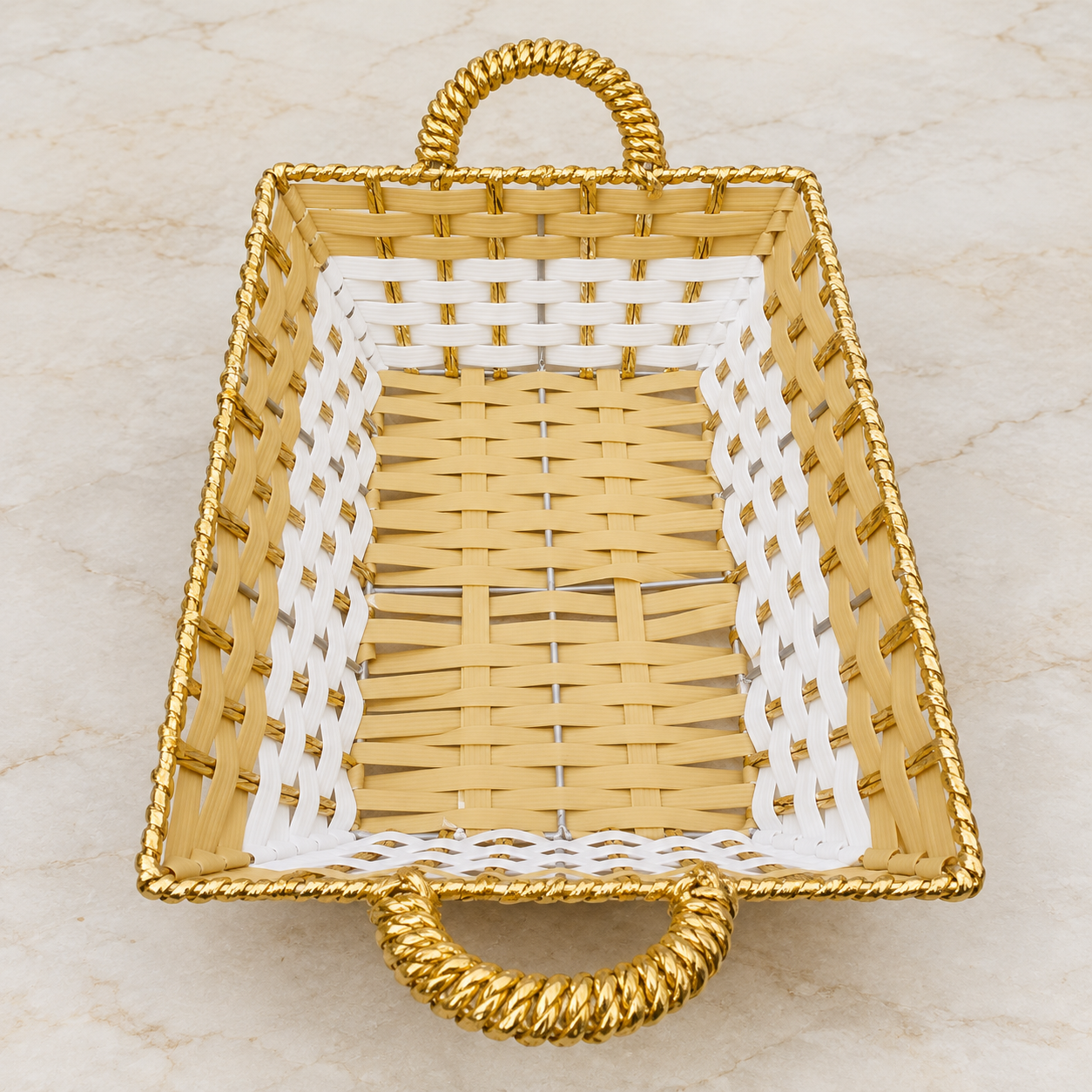 Beige and White Rectangular Woven Basket with Golden Handles