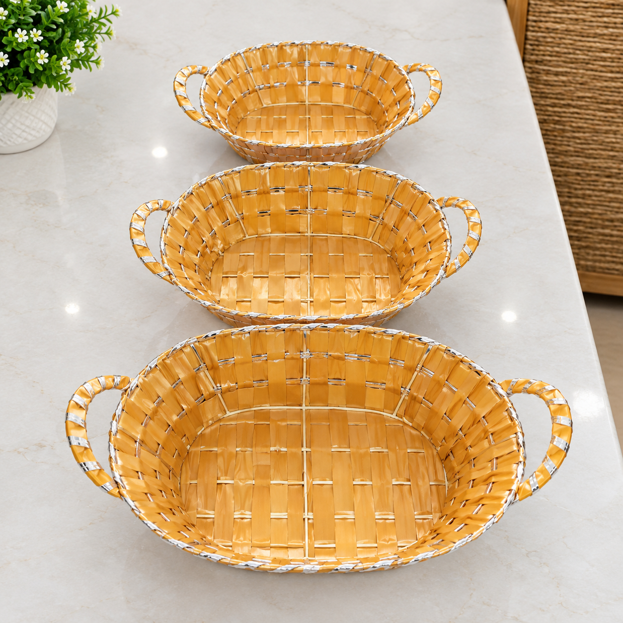 Golden Oval Woven Basket with Silver Border and Handles