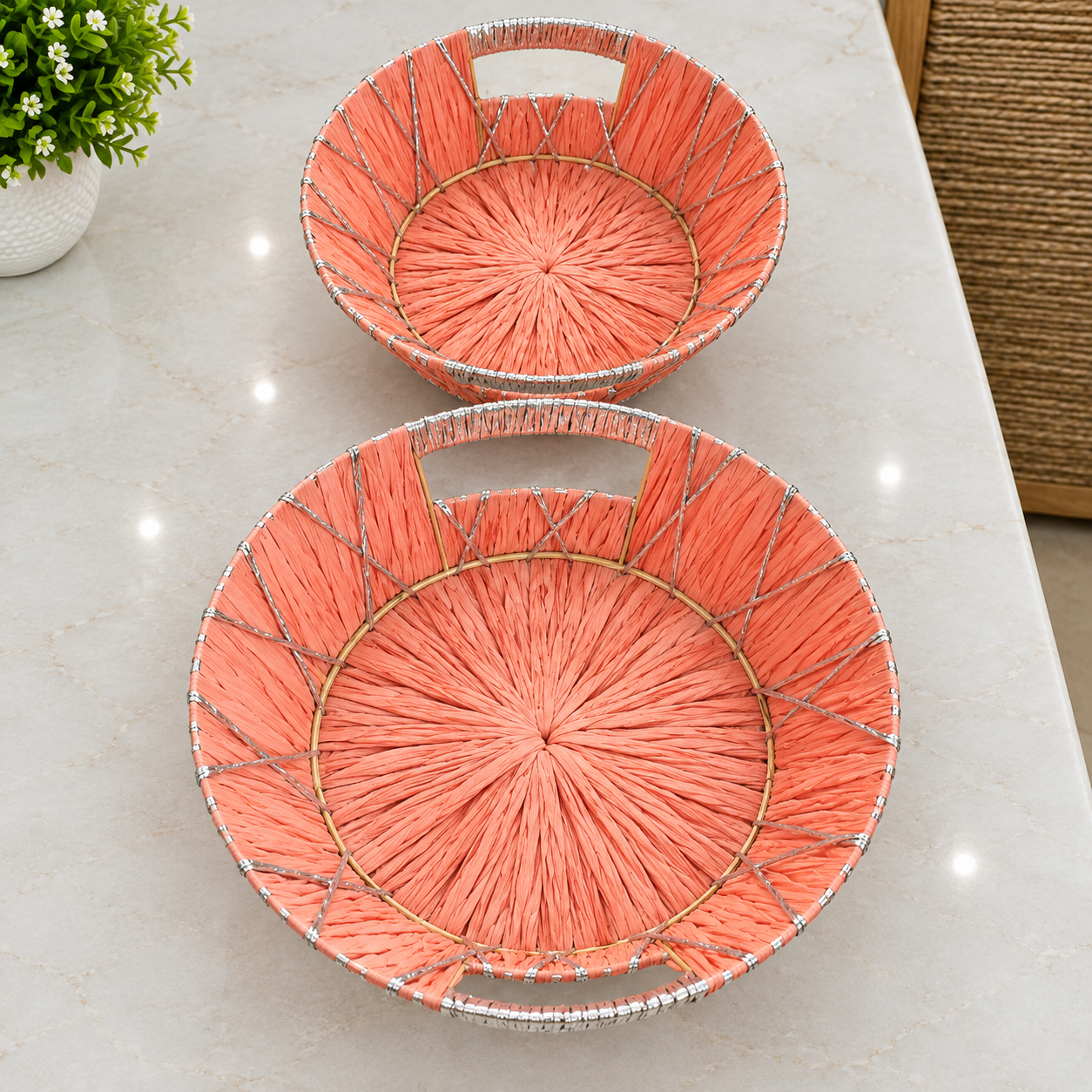 Peach Round Woven Basket with Silver Border