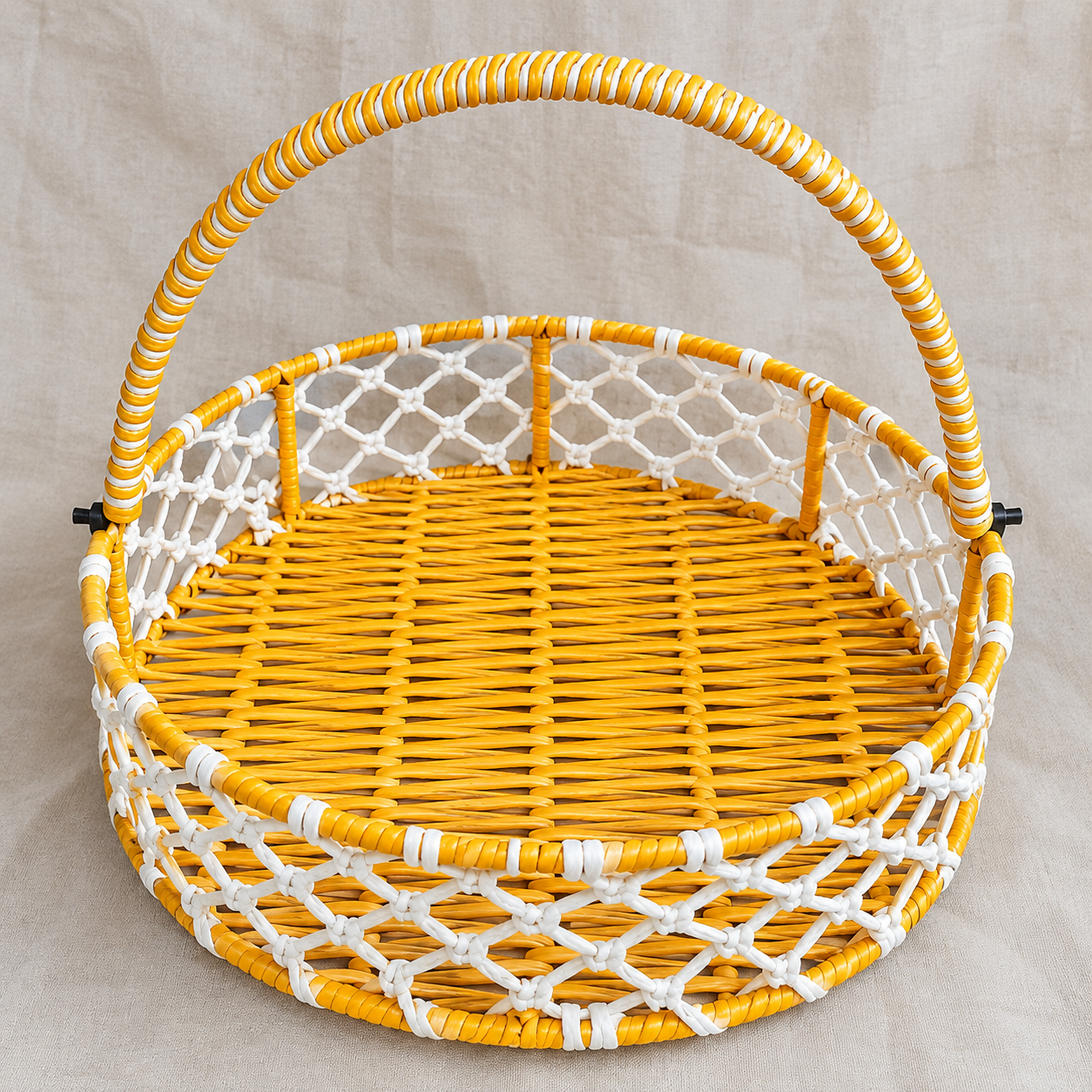 Yellow and White Round Woven Basket with Large Handle