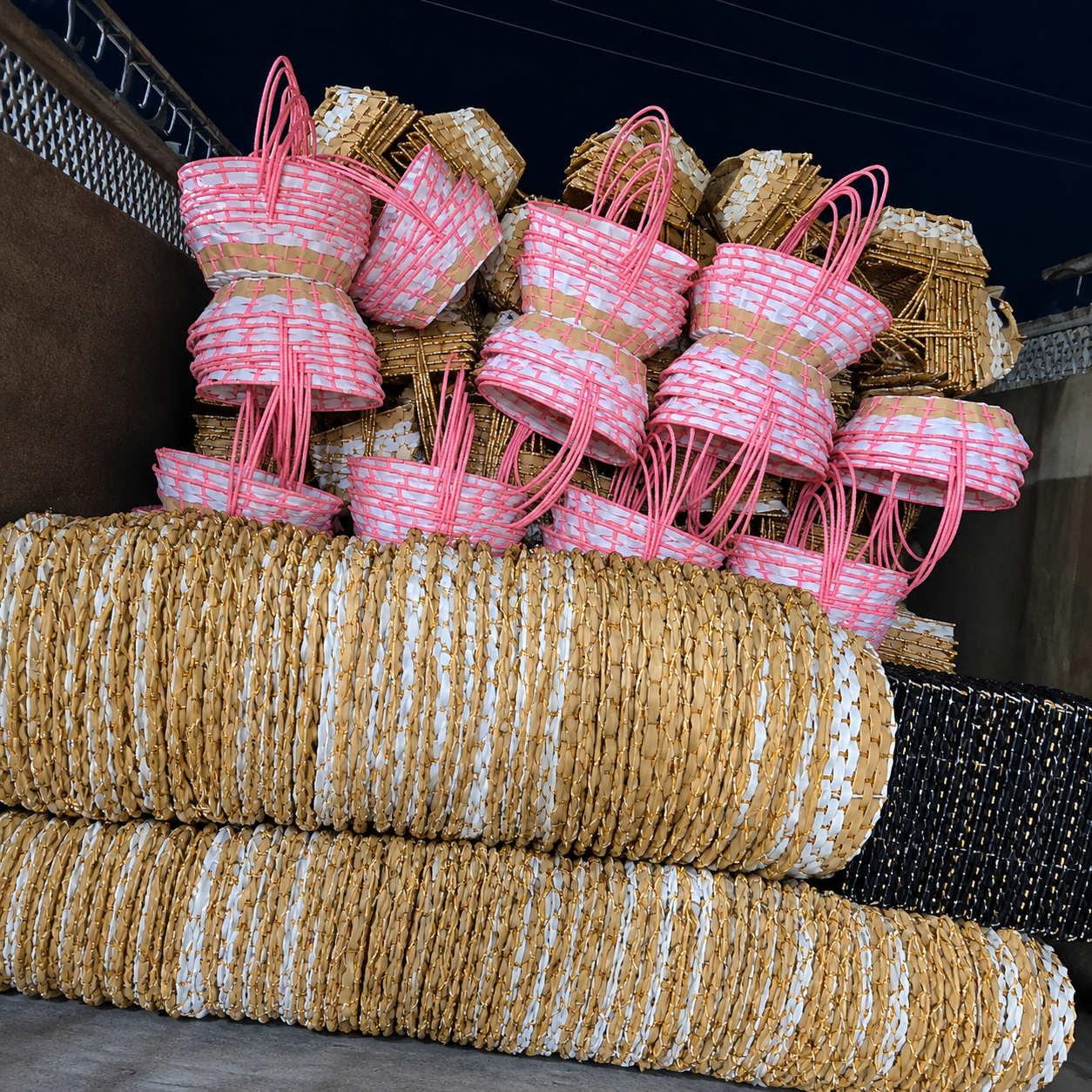 Pink and White Woven Basket with Long Handles