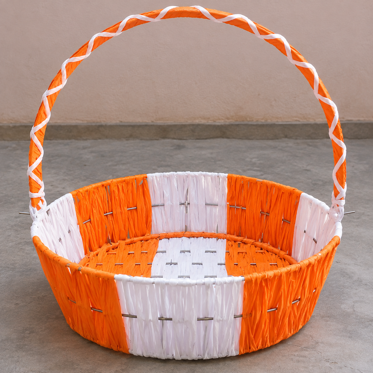 Orange and White Round Woven Basket with Large Handle