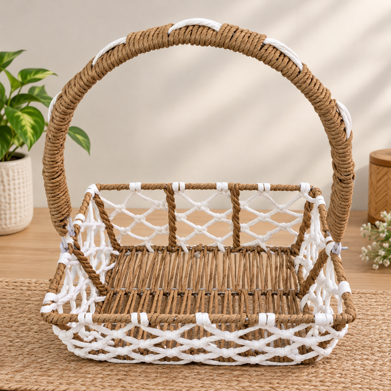 Brown and White Woven Basket with Large Handle