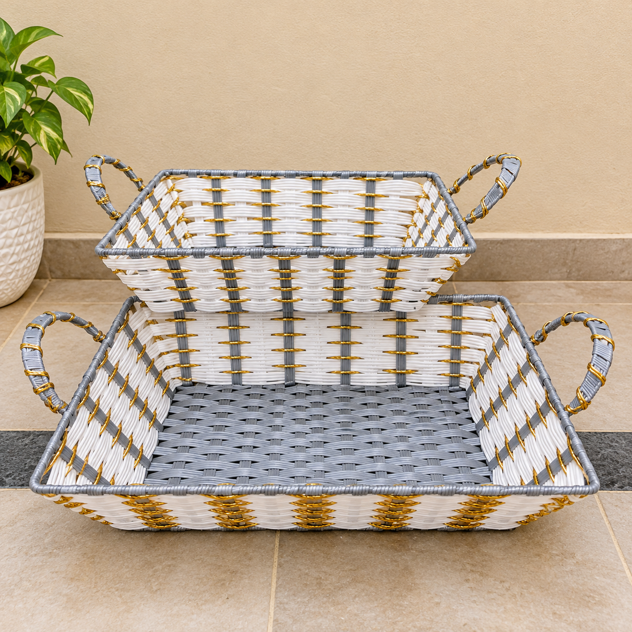 White, Grey and Gold Woven Basket Set