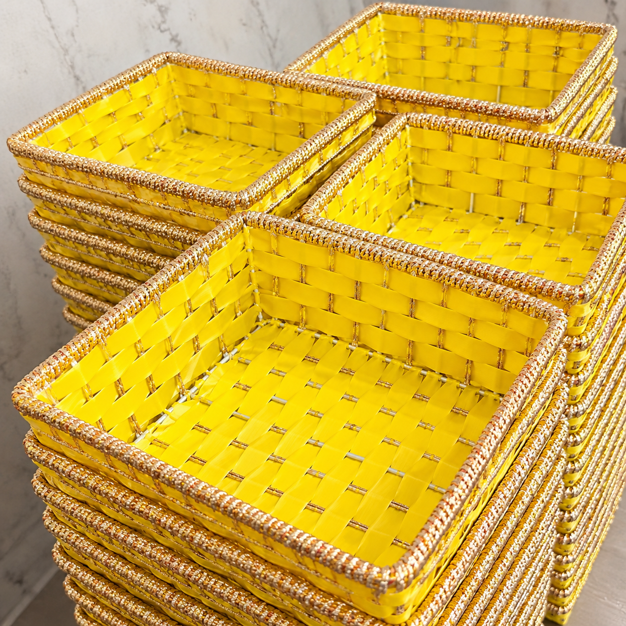 Yellow Rectangular Woven Basket with Golden Border