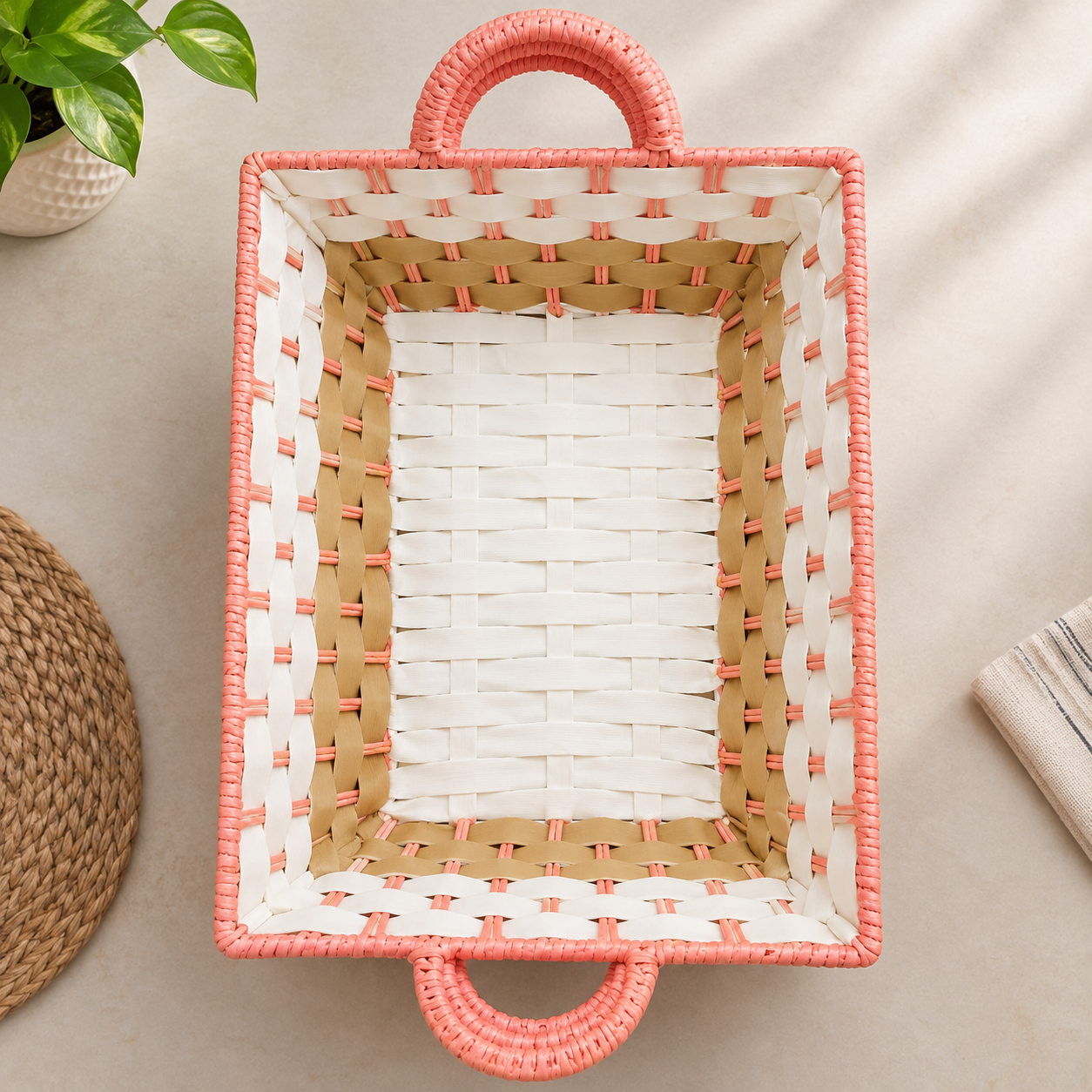 Peach, White and Brown Rectangular Woven Basket with Handles
