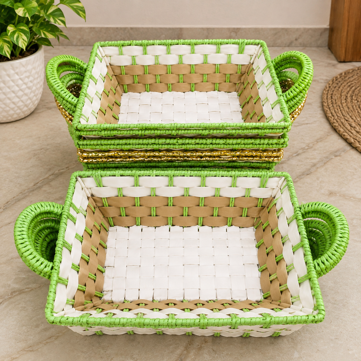 Green, White and Brown Rectangular Woven Basket with Golden Border