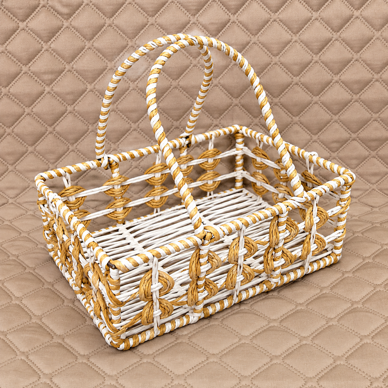 White and Golden Rectangular Woven Basket with Twisted Handles