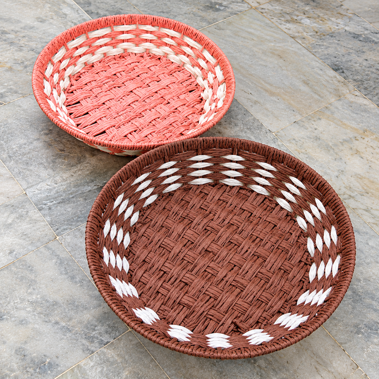 Coral and Brown Round Woven Basket with White Pattern