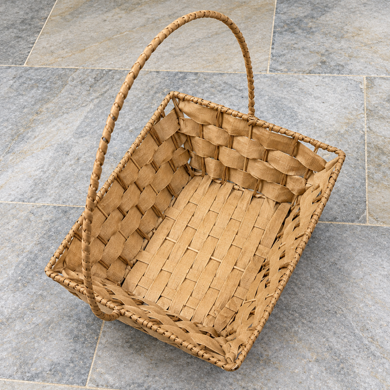 Natural Brown Rectangular Woven Basket with Single Handle