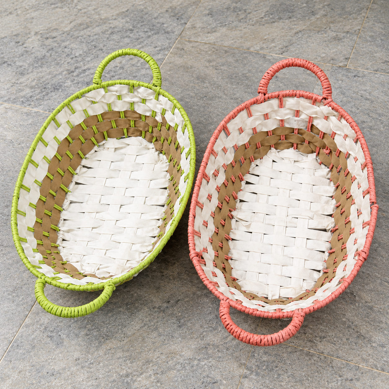 Green and Peach Oval Woven Basket with White and Brown Pattern