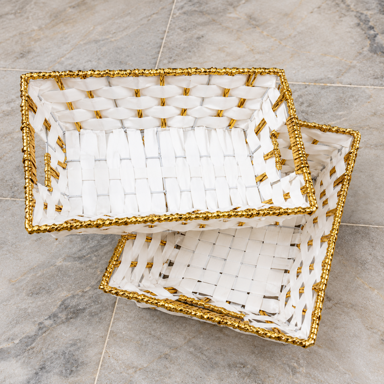 White Rectangular Woven Basket with Golden Border