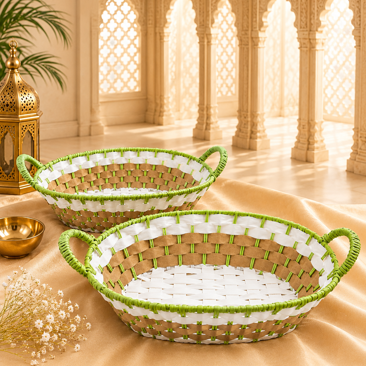 Green Oval Woven Basket with White and Brown Stripes
