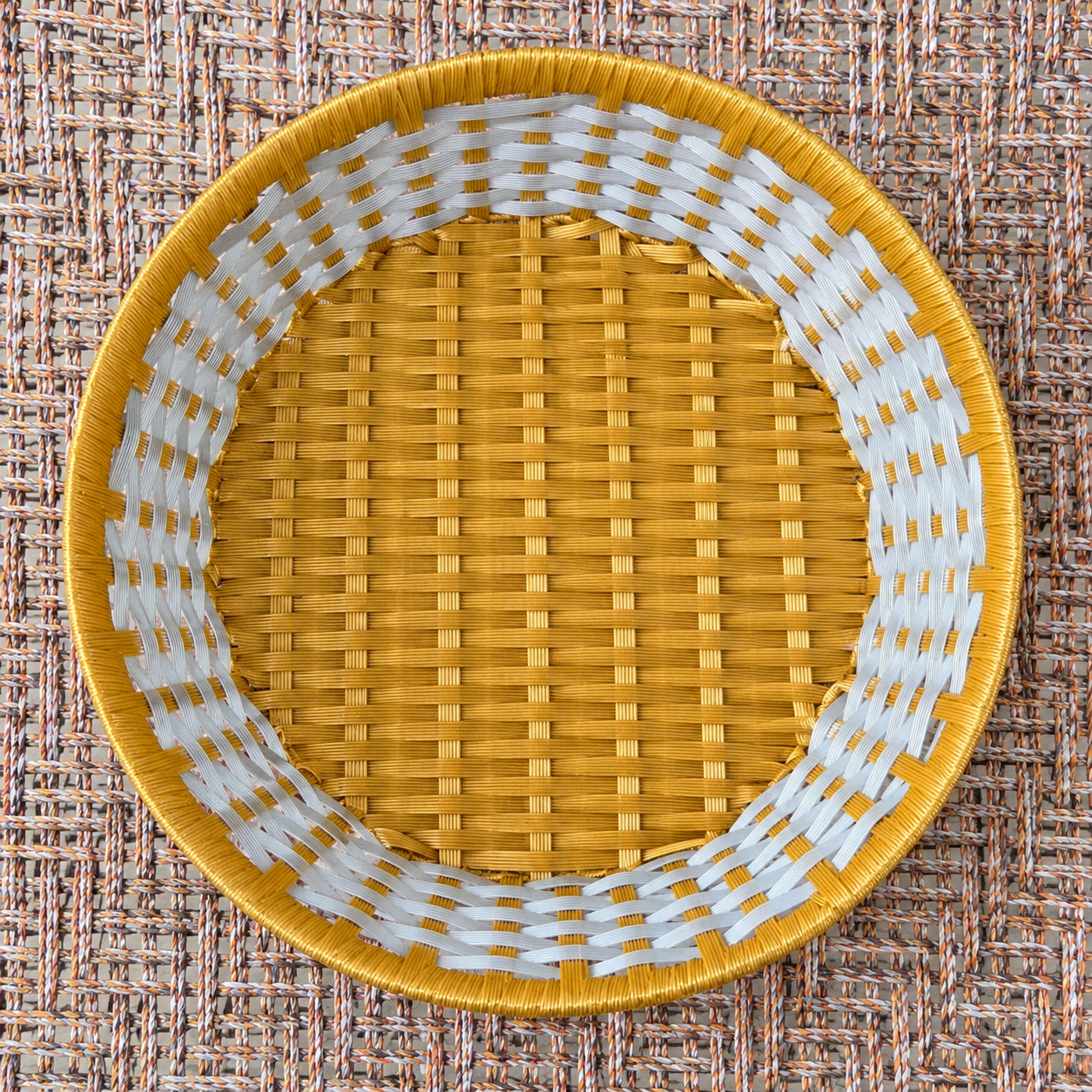 Yellow and Blue Round Woven Basket with Decorative Border