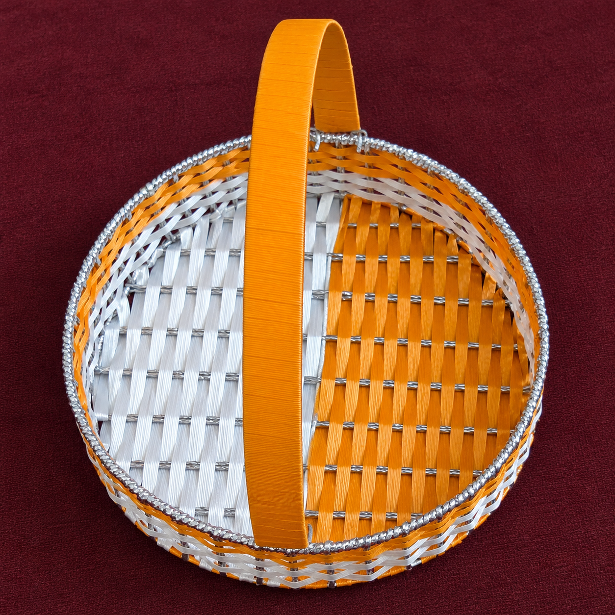 Orange and White Round Woven Basket with Handle