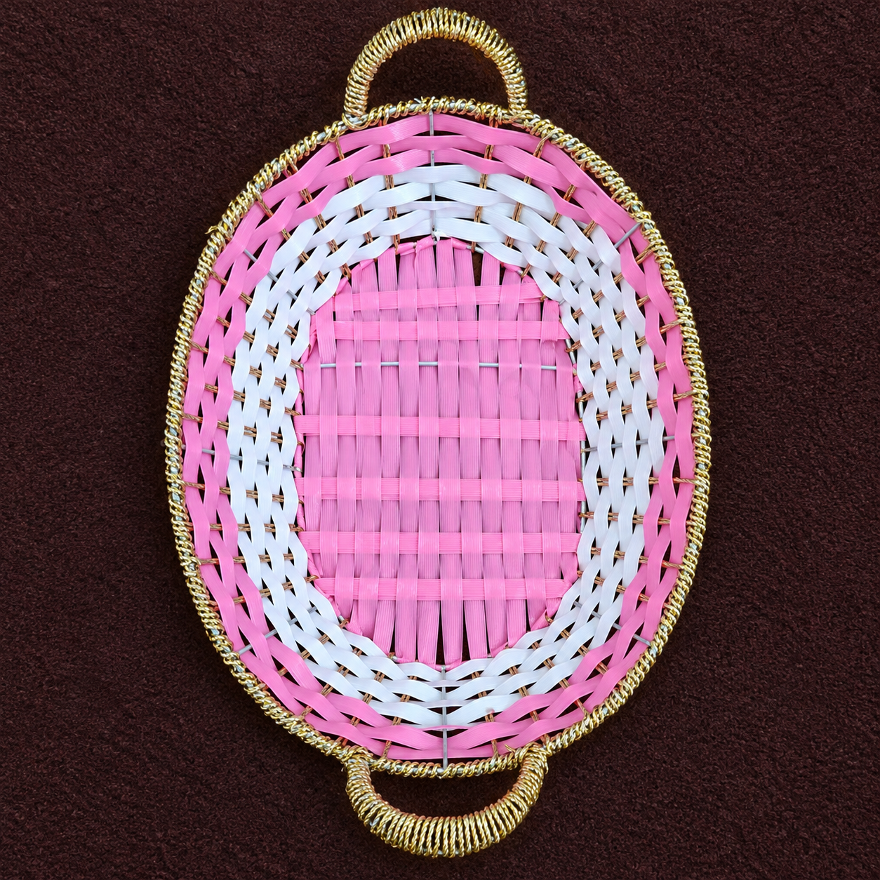 Pink and White Oval Woven Basket with Handles