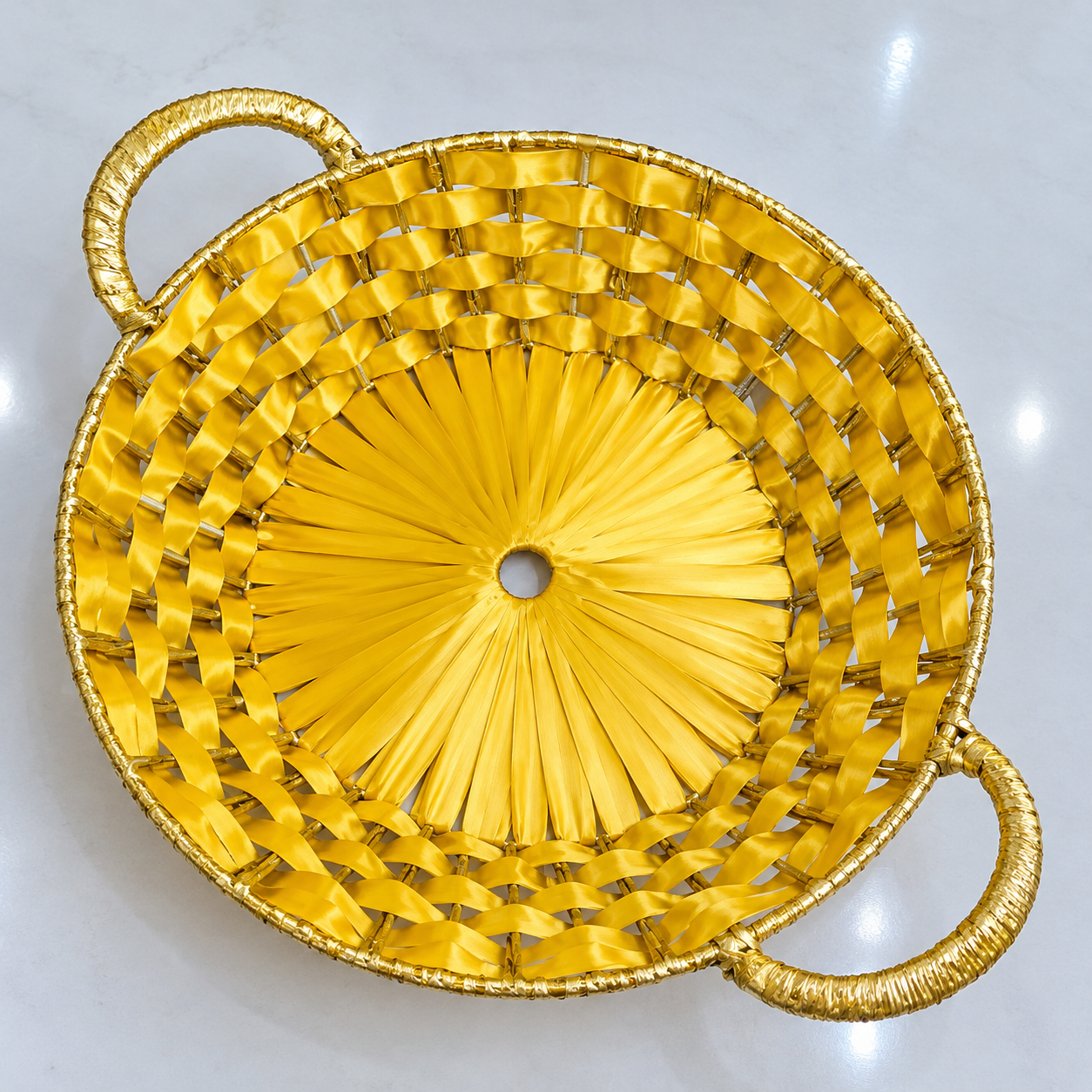 Golden Round Woven Basket with Handles